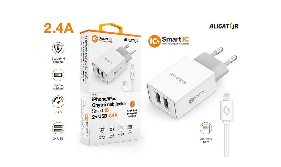 Aligator síťová nabíječka, 2xUSB, kabel Lightning 2A, smart IC, 2,4 A, bílá